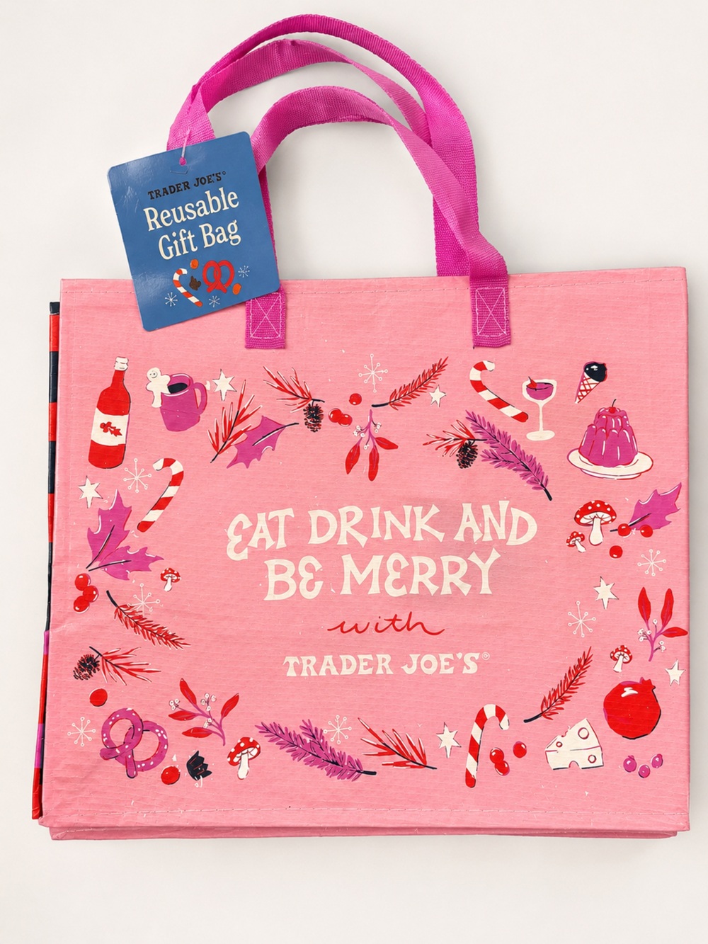 Trader Joe’s Pink Reusable Gift Bag Eat Drink & Be Merry Tote Christmas NWT